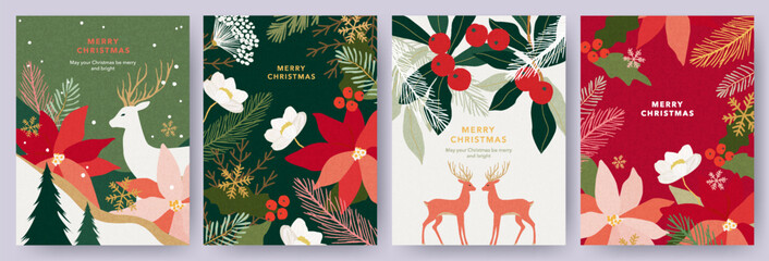 Merry Christmas greeting card Set. Modern beautiful Xmas design with hand drawn Poinsettia flowers, holly berries, fir branches, snowflakes, deer and typography. Art banner, poster, cover templates.