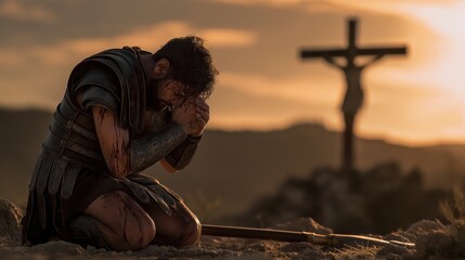 Roman soldier kneeling in sorrow at the foot of the cross, overwhelmed with remorse as the shadow of Christ falls across Calvary at sunset.
