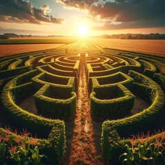 Lush green maze at sunset