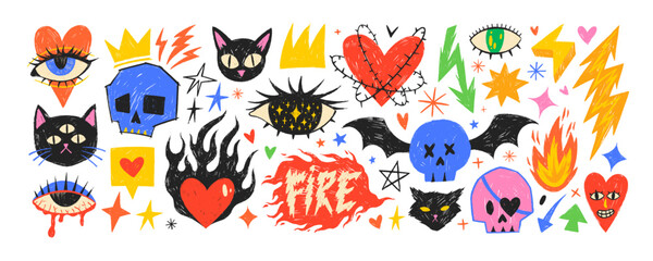 Punk cartoon doodle sticker collection with pencil rough texture. Hand drawn colorful vector tattoo illustrations. Funky black cats, rock'n'roll skulls, mystical eyes and various cute elements.