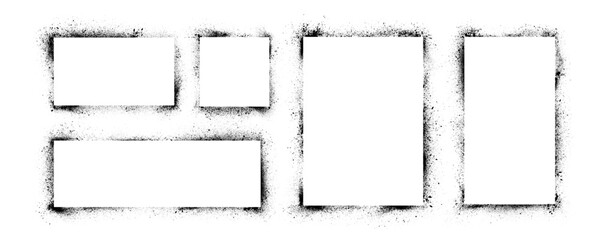 Grunge graffiti stencil frames with spray paint borders. Black vector rectangles and squares. Airbrushing paint banners, splatter ink shapes. Places for text or pictures. Graffiti spraypaint element.
