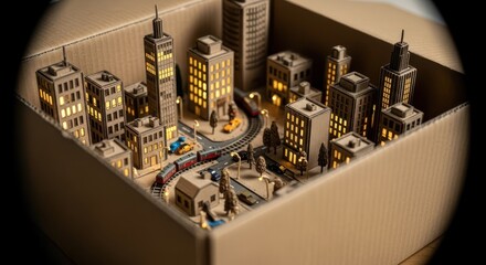 Miniature cardboard metropolis within a shipping container evoking a sense of urban dreams and