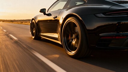 Black sports car driving on road at sunset