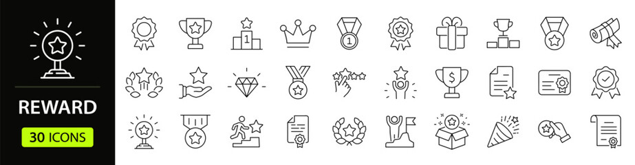 Reward set of web icons in line style. A collection of linear icons representing various reward concepts, including gift, trophy, recognition, reward program, medal, bonus, and more. Editable stroke.