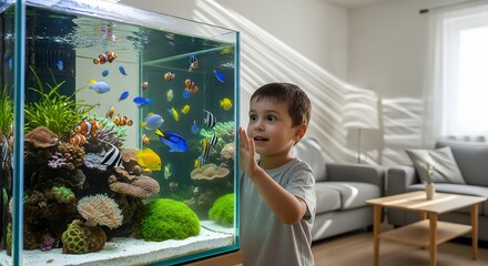 Boy Looking at Colorful Tropical Fish in Aquarium in Living Room Enjoying Aquatic Animals