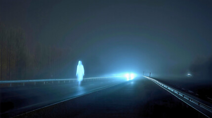 An encounter with a ghost on a foggy highway at night, a car with bright headlights approaching a scary apparition, a suspenseful and terrifying horror scene, a concept of a haunted road and a mystery