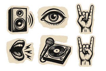 Rock music concert collage. Halftone retro grunge elements set. Vector hand horn sign, speaker, eye, screaming mouth, microphone, vinyl record player. Torn paper stickers.