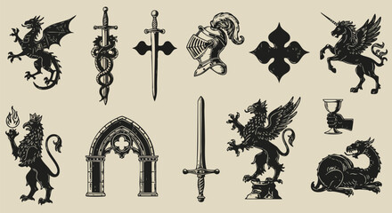 Medieval heraldic elements featuring dragon sword unicorn griffin and other symbols