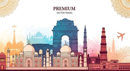 India skyline vector illustration with famous monuments. Travel concept.