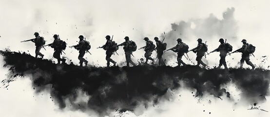 Black and white artistic silhouette of soldiers walking in line across a smoky, textured terrain, evoking a somber and intense mood of military movement