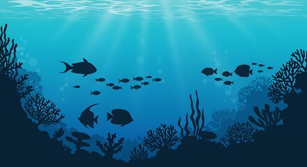 Underwater scene silhouetted fish and coral reefs in a bright blue ocean