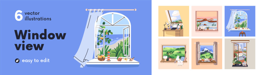 Look out from open windows set. Views from cozy homes. Beautiful nature and city landscapes, countryside, field, sea beach and mountain outside, windowsills, tables inside. Flat vector illustrations
