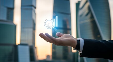 Hand holding a holographic graph icon in front of modern city buildings at sunset light view