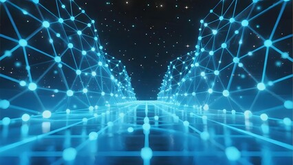 Digital network tunnel with glowing blue nodes and connections in a futuristic space environment