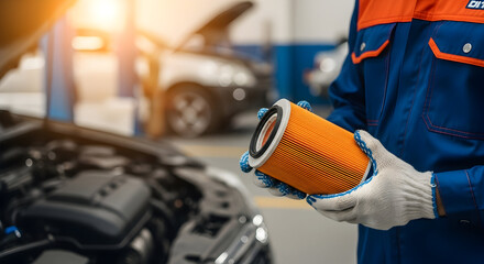 Expert Auto Mechanic Inspecting Vehicle Air Filter at Garage Professional Repair Shop Car Maintenance and Service Replacing Air Filter for Optimal Performance Automotive Part