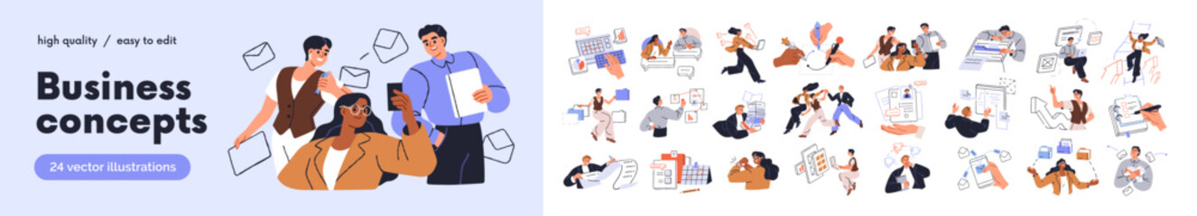 Business concepts, office work, professional icons set. Job success, communication, management, planning, developing strategy, corporate team. Flat vector illustration isolated on white background