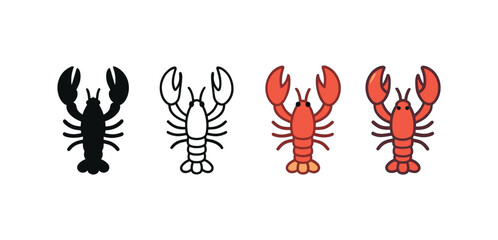 Vector icon lobster same pose same proportions four styles black solid glyph outline minimal flat multicolor filled cartoon flat shaded.