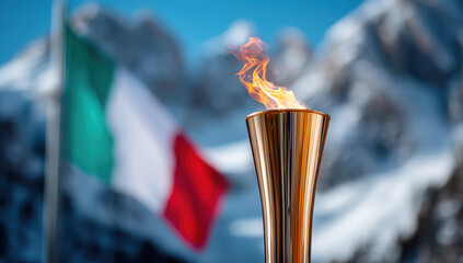 Olympic torch flame burning against italian flag and snowy mountains for milan cortina 2026 winter games