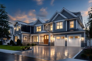 A beautiful two-story house with warm lights at dusk.