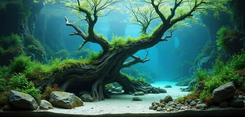 Underwater hardscape scene shows driftwood root tree in tank. Aquatic design, natural decor background for aquascaping. Rocks, green plants add aesthetic appeal to calm panorama of aquarium river