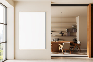 Modern interior with blank poster mockup on beige wall next to stylish workspace and bookshelf in natural light minimalist setting. 3D Rendering