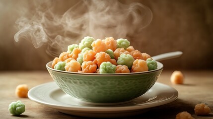 Colorful Sugar-Coated Candy in Bowl with Steam, Freshly Served