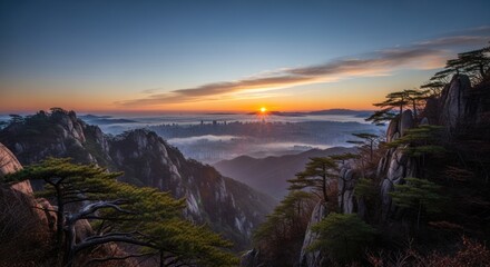 Breathtaking Sunrise over a City Shrouded in Morning Mist, Viewed from Majestic Pine-Clad Granite Mountains