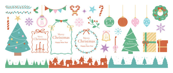 Christmas ornament and frame vector illustration set. Collection of christmas tree, gift, candy cane, screen, bauble, wreath, holly, snowflake. Design for sticker, card, poster, invitation, greeting.
