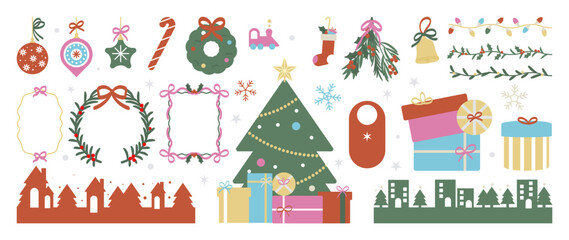 Christmas ornament and frame vector illustration set. Collection of christmas tree, bauble, gift, wreath, leaves, screen, snowflake, candy cane. Design for sticker, card, poster, invitation, greeting.