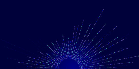 Binary code streams radiate from center as dotted lines. Digital data flow graphic for tech, AI or network concepts. Abstract visualization of information transfer or system expansion.