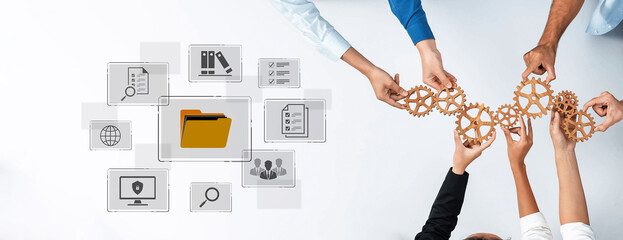 Concept of a document management system for corporate file archiving. This digital platform provides secure data storage and organization for easy information retrieval. Fermion