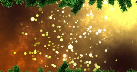 Christmas tree branches over golden bokeh lights image