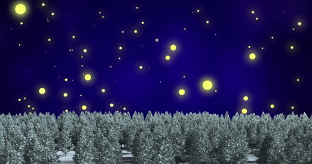 Image of glowing spot lights over christmas trees in winter scenery