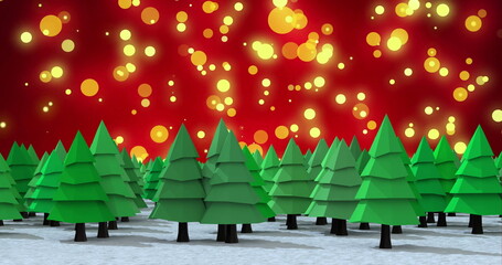 Image of glowing spot lights over christmas trees in winter scenery