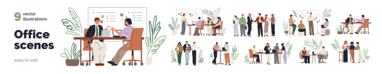 Office communication, collaboration set. Professional conversations of business teams. People, colleagues coworking, discussing during meeting. Flat vector illustrations isolated on white background