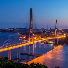 Illuminated suspension bridge at dusk over a harbor bay