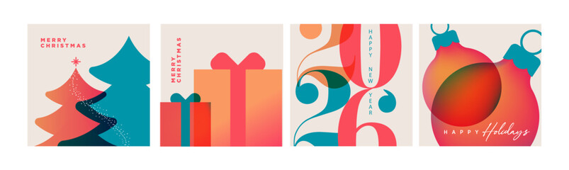 Christmas and New Year holiday card collection. Vector illustration templates for holiday greeting card, background, website and social media banner, marketing material.