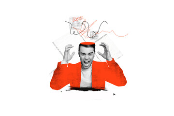 Composite photo collage of scream angry businessman cut head burnout irritation mood problem job failure isolated on painted background