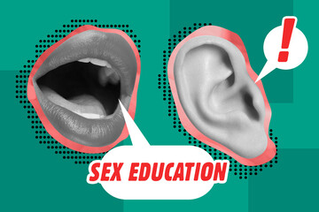 Sex education creative collage with speech bubbles, female lips and human ear against teal background
