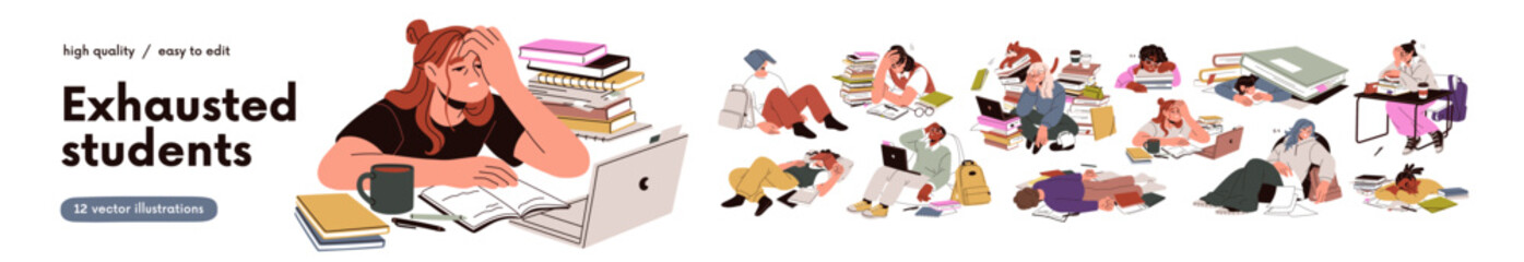 Tired exhausted students studying in stress set. Bored fatigue lazy male and female preparing for exam, sleeping in chaos among academic books. Flat vector illustrations isolated on white background.