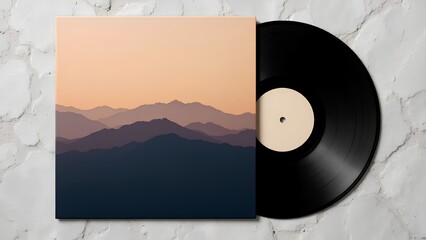 A black vinyl record with a minimalist mountain range landscape cover, set against a textured light gray concrete background.