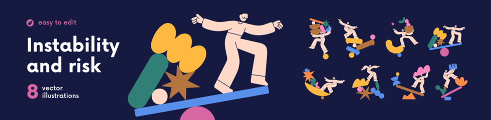 Instability concept set. Equilibrium problem, balance and harmony crisis, risk. Unstable figures, shapes. Risky people in unsteady life. Colored flat vector illustration isolated on white background