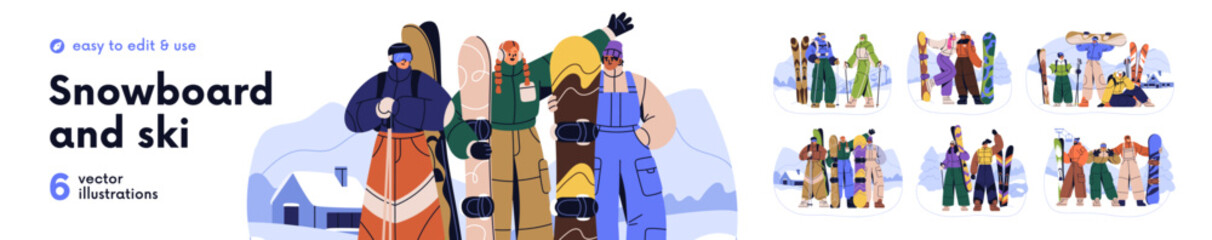 People portraits with ski and snowboard, sport equipment set. Families, couples, friends at mountain resort on winter holidays. Active vacation. Flat vector illustration isolated on white background