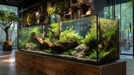 Indoor aquarium with thriving plants, wood, rock and dark stylish decor. Ideal for design, promoting a calming, natural, luxurious and modern aesthetic.