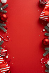 A vertical holiday scene features a red background framed by candy cane, gift and pine branch accents, creating a festive mood for Christmas and New Year greeting in a bright seasonal layout