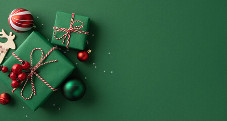 Christmas gift green poster background presents twine red ornaments festive holiday season greeting newyear decor decoration ball ornament ribbon berry pine tree