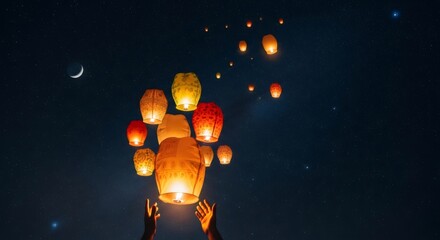 Man hand releasing sky lantern into night star with crescent moon. Celebrating Diwali festival tradition for good luck and wishes.