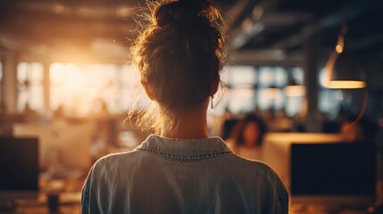 Woman with curly hair facing away in a modern office illuminated by warm sunlight du sunrise or sunset