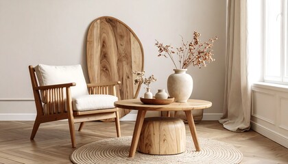 A minimalist living space featuring a wooden armchair, round coffee table, and decorative vase with dried plants, creating a warm ambiance