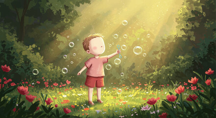 Adorable boy blowing soap bubbles in a magical sun-drenched forest